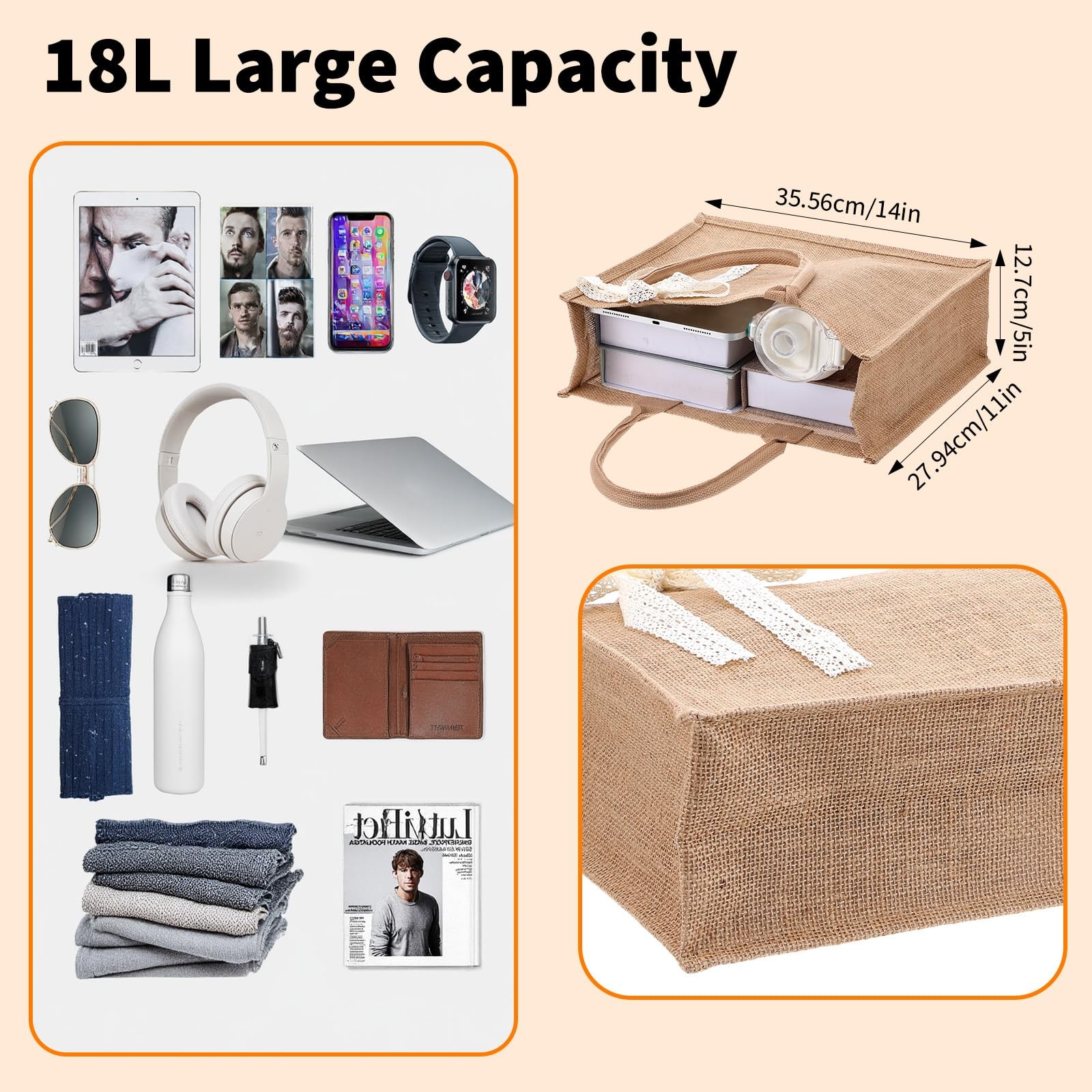 8 PCS Large Burlap Tote Bags 13.7x5x11 Inch Reusable Waterproof Jute Shopper