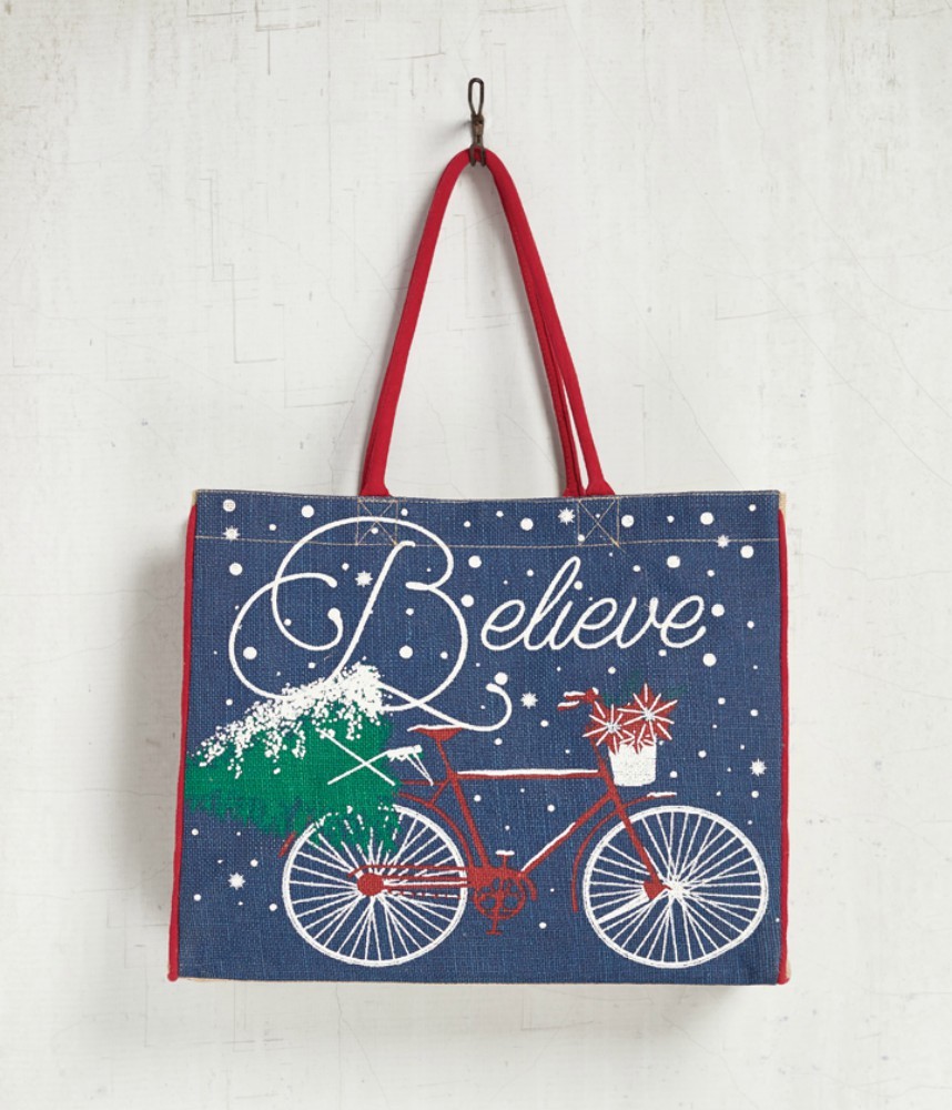 BELIEVE BICYCLE Holiday Burlap Tote Bag, Inside Slip Pocket, 18″W Snap at Top