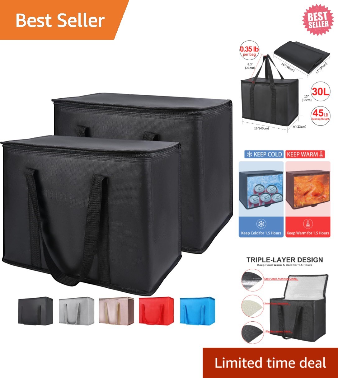 Durable Insulated Grocery Bags – 30L Black Tote Set for Travel and Deliveries