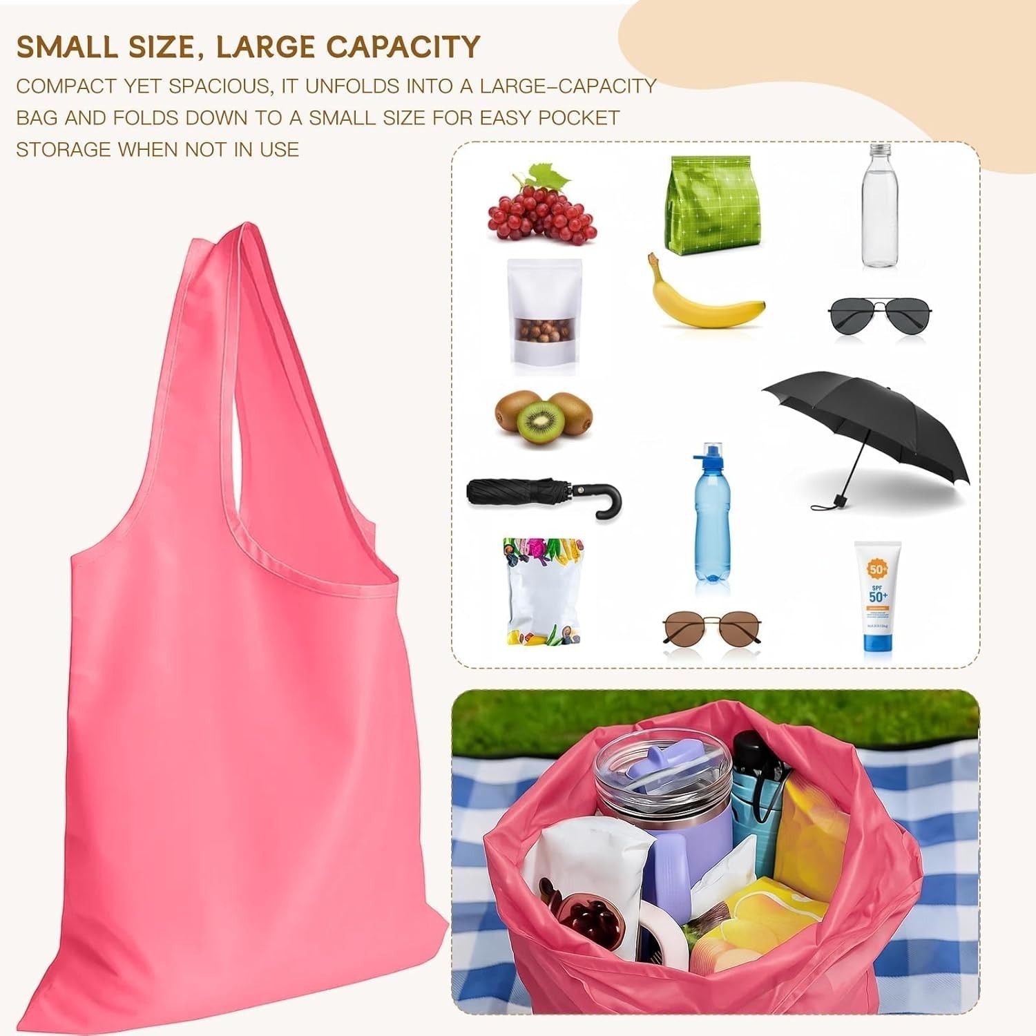 Waterproof Reusable Grocery Tote – 2 Pack Foldable Nylon Bags for Daily Use