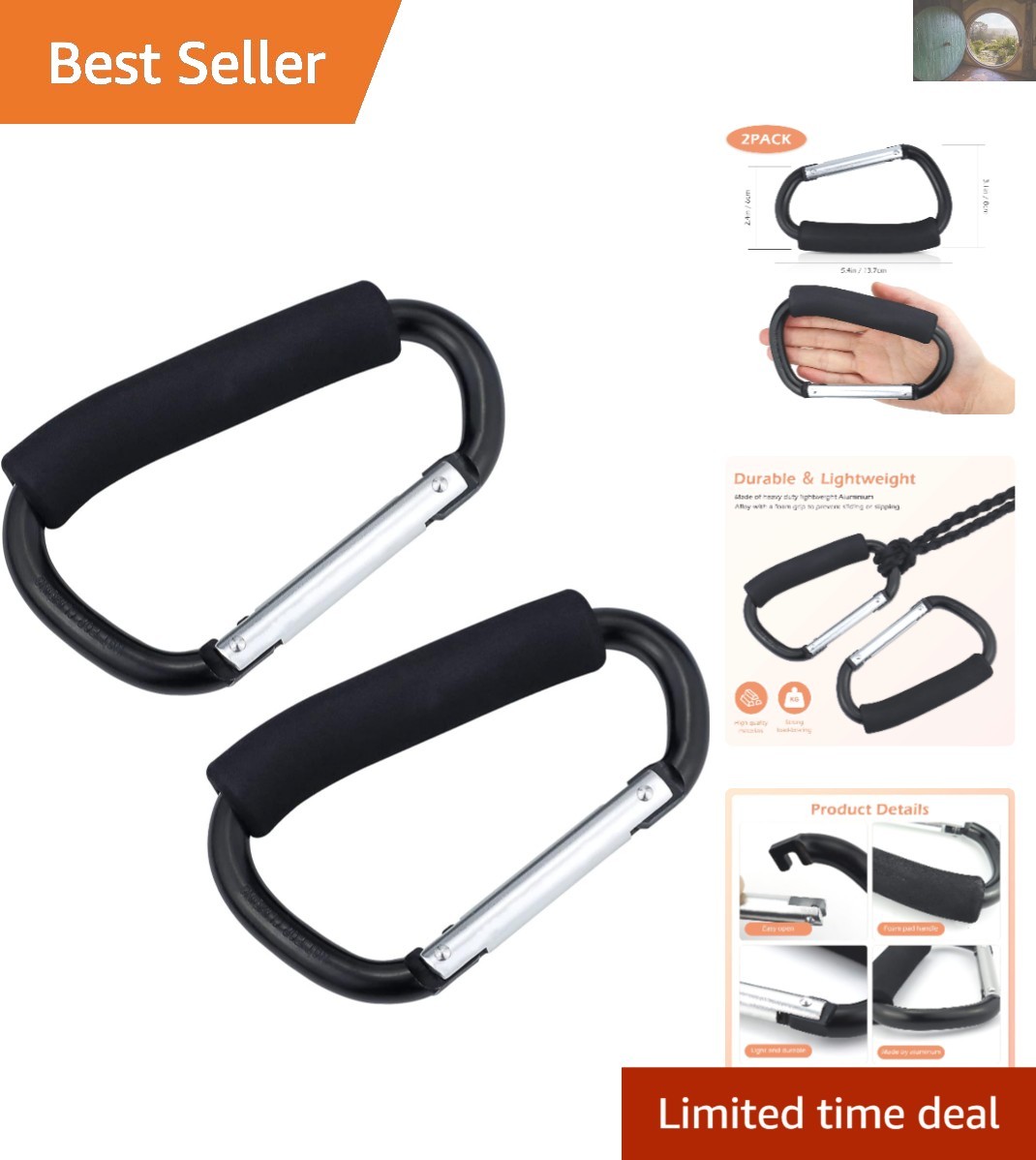 Set of 2 Multi-Purpose Stroller Hooks with Foam Grip for Easy Carrying – Black
