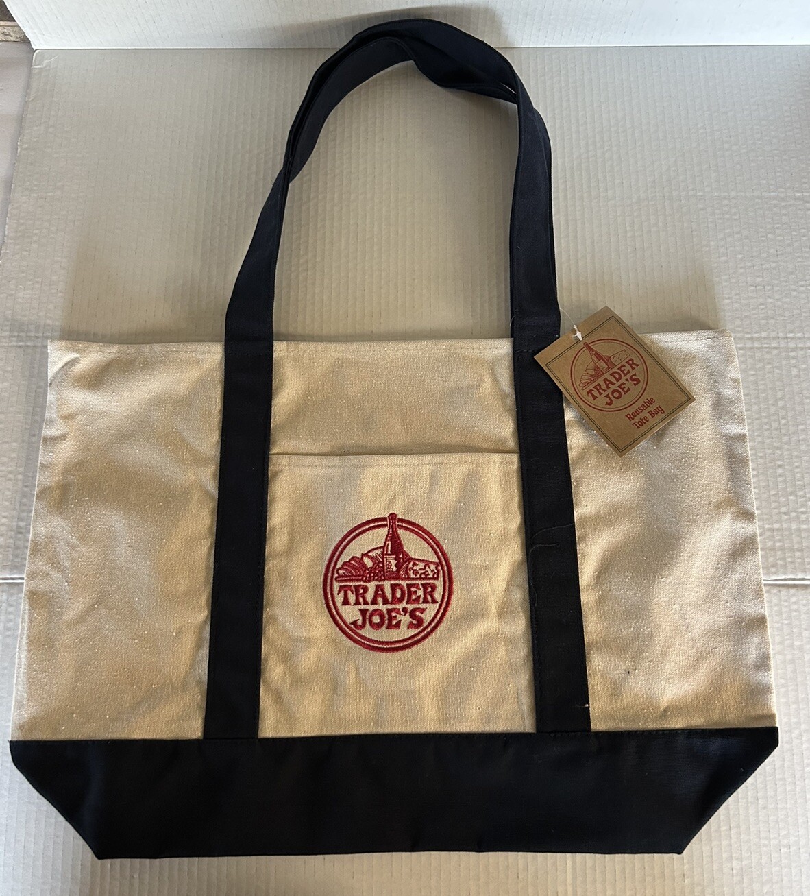 Trader Joes Canvas Tote Bag 20 x 14 Navy Blue White Reusable Limited Edition NEW
