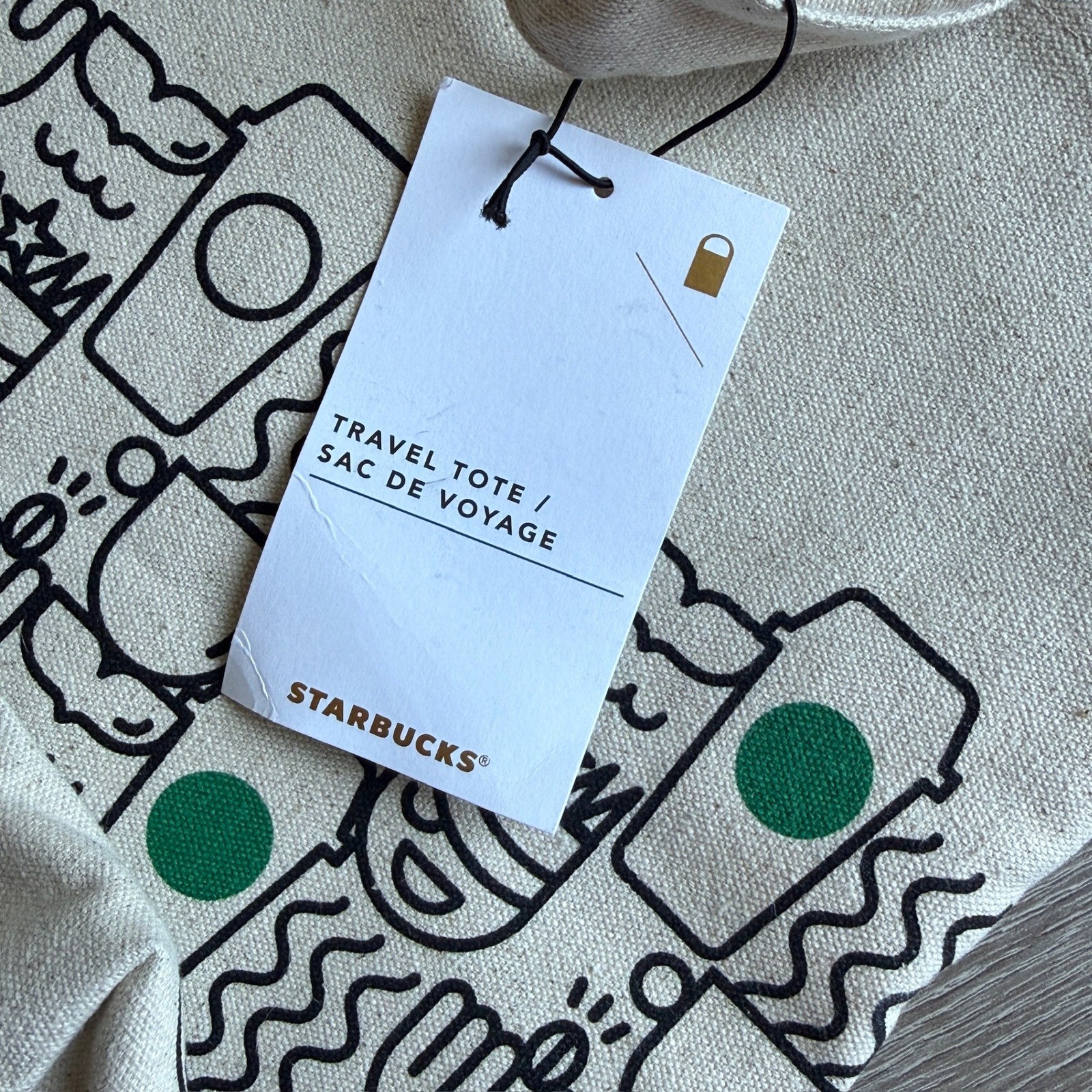 Starbucks Canvas Travel Tote Bag Cream Green Coffee Cup Doodle Print NWT 2017