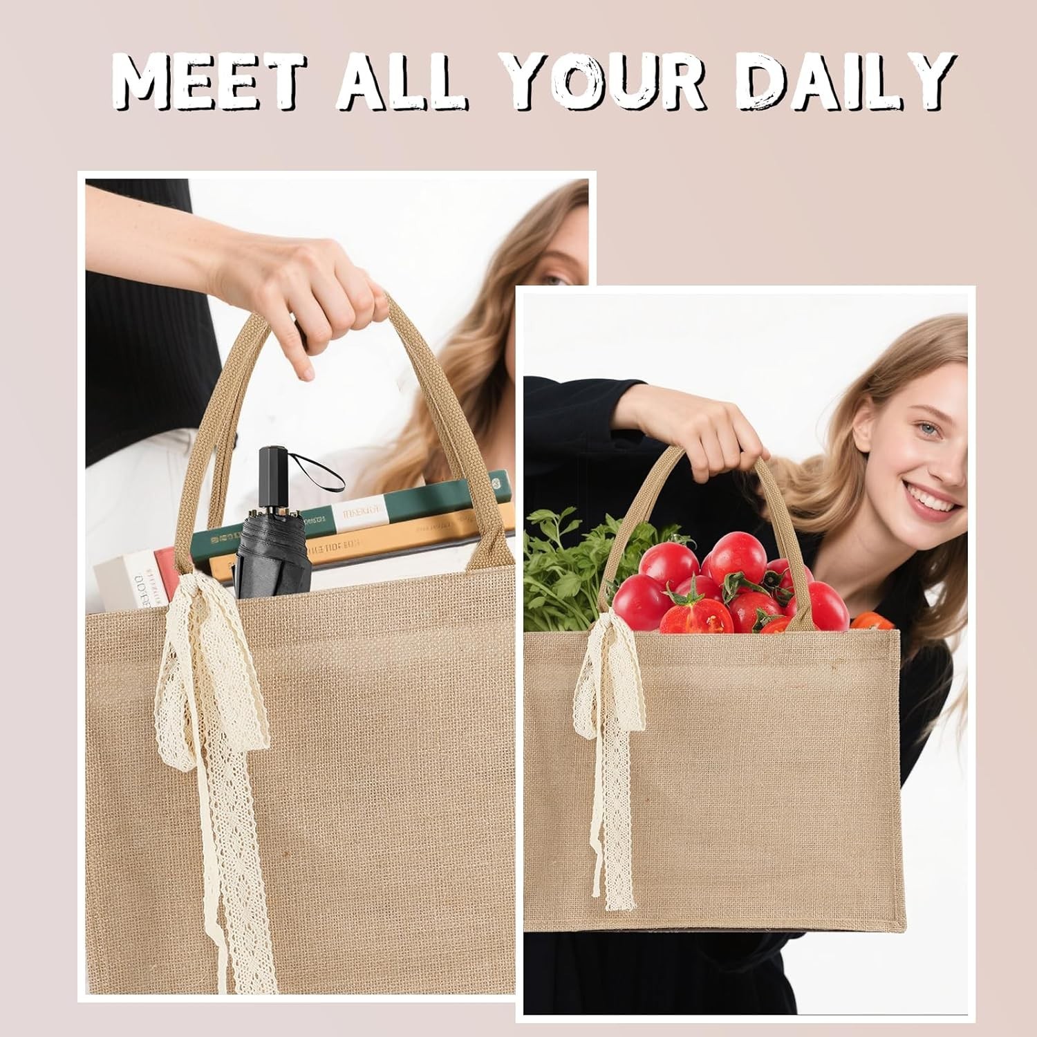 6pcs Burlap Tote Bag Set with Handles, Waterproof Reusable Blank Grocery Bags…