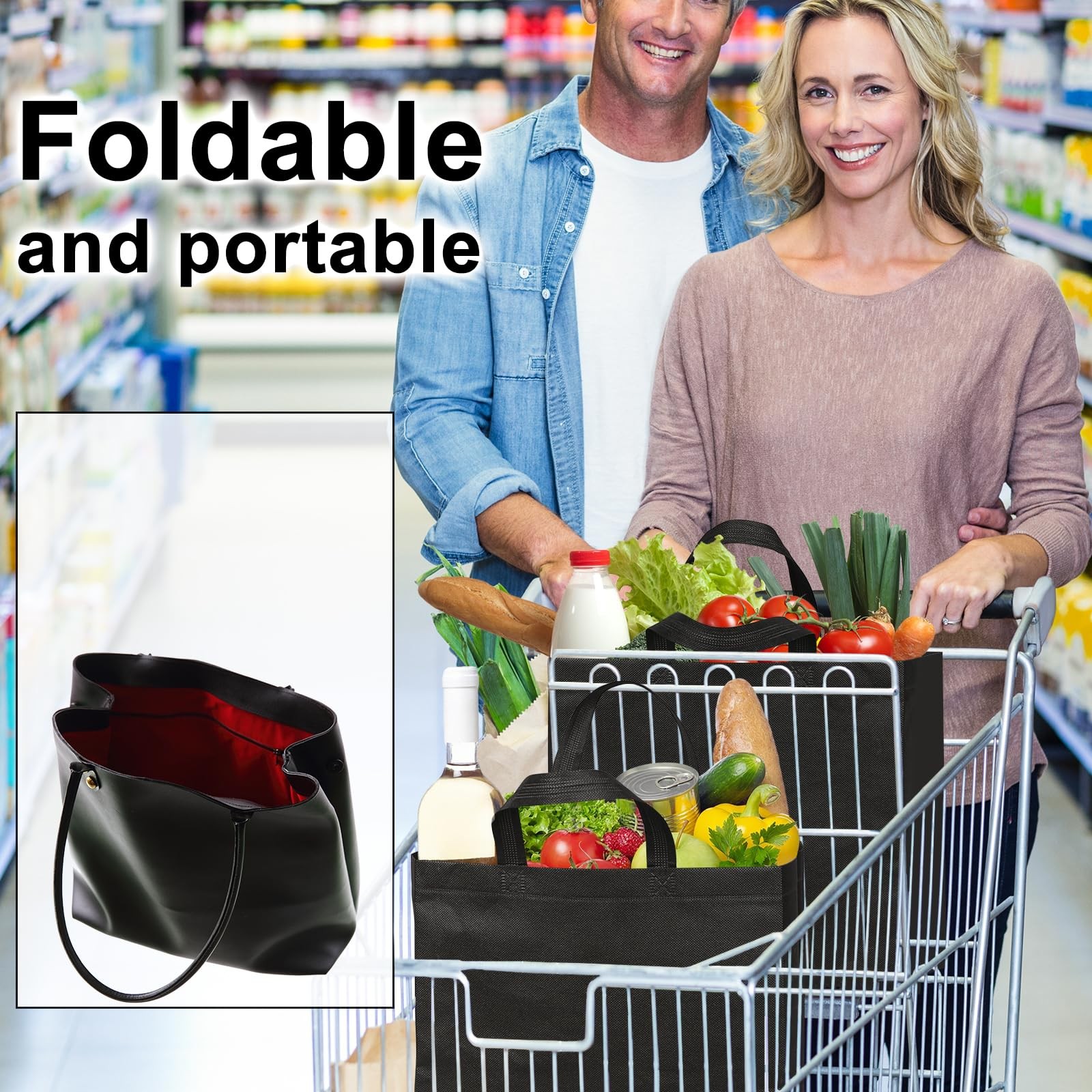 50 Pack Black Reusable Totes Bag with Reinforced Handles Non Woven Bulk Shopp…