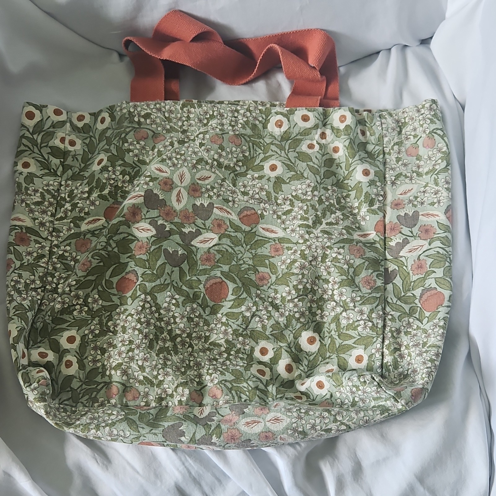 Floral Cotton Tote Bag Green/White/Pink Pink Handles Machine Washable Tote