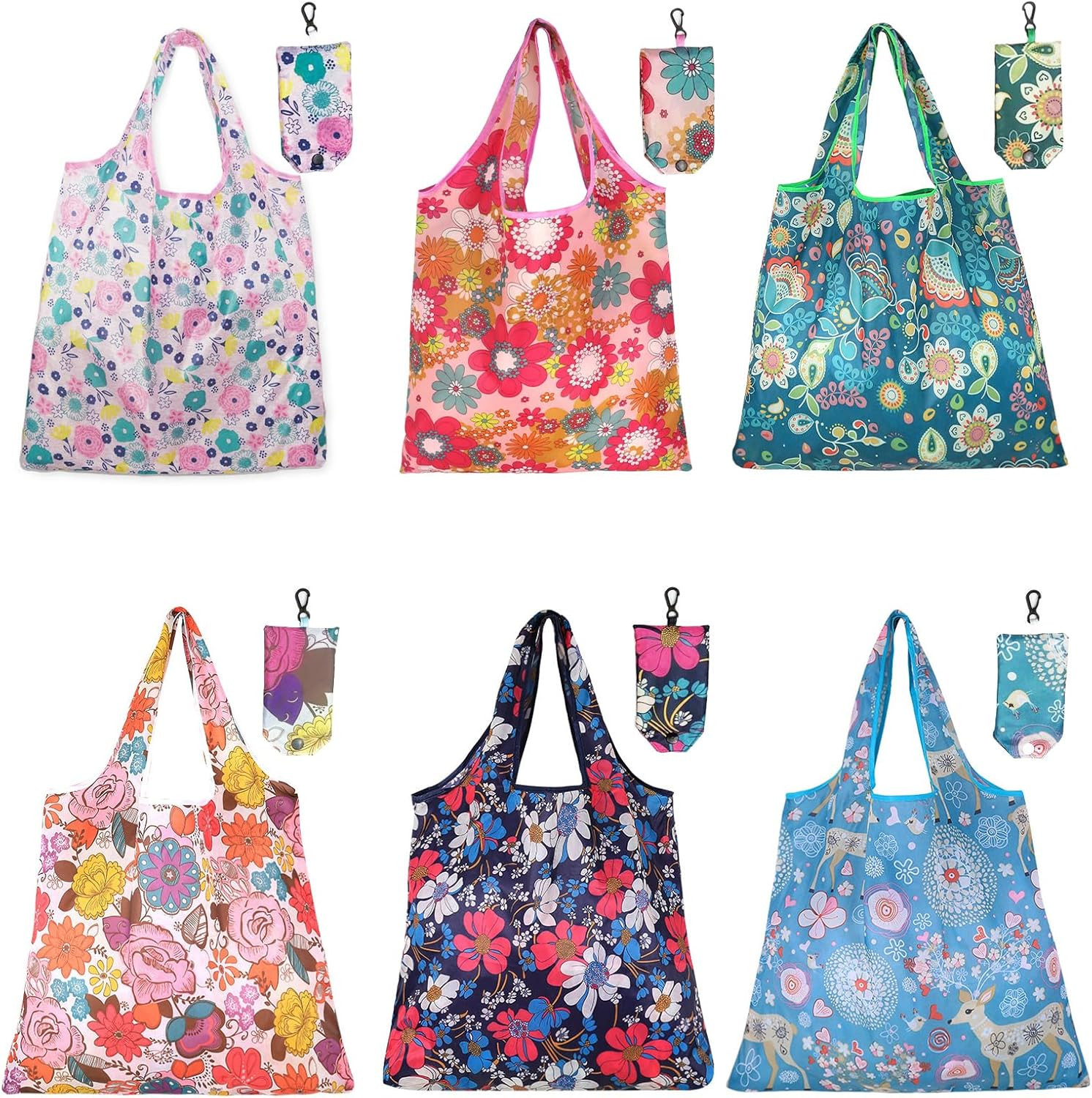 6 Pcs Reusable Shopping Bags Foldable, Machine Washable Shopping Grocery Bags in