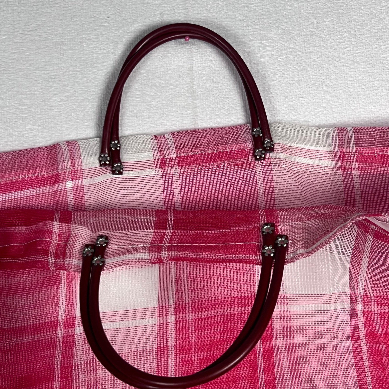 VTG 60’s Mesh Market Red Pink White Plaid Tote Beach Bag XL Mexico Top Handles