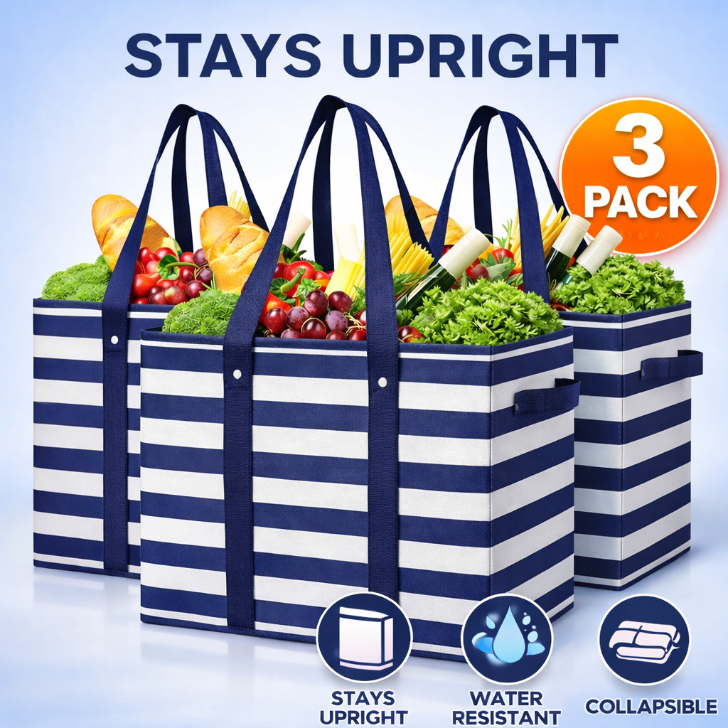 3 Pack Reusable Grocery Bags Large Collapsible Water Resistant Tote Shopping Bag