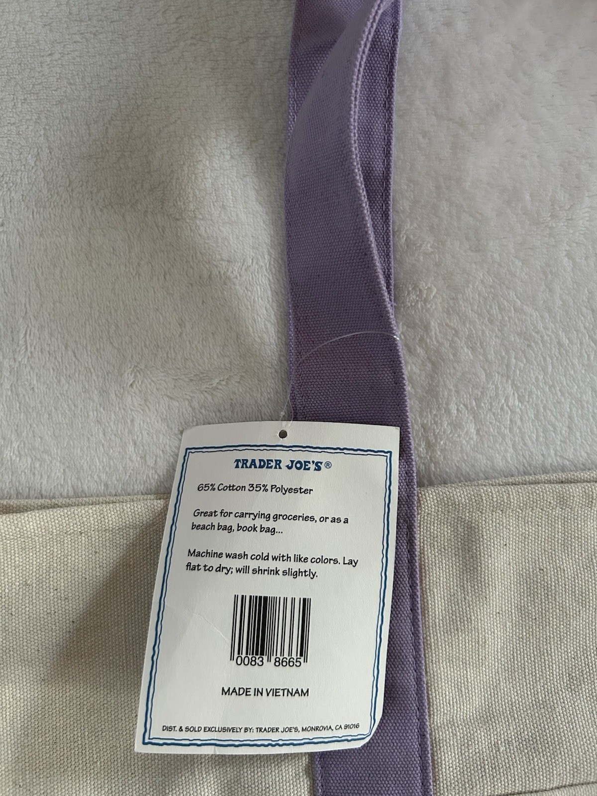 Trader Joe’s Trending Large Purple Embroidered Logo Reusable Canvas Tote Bag NWT