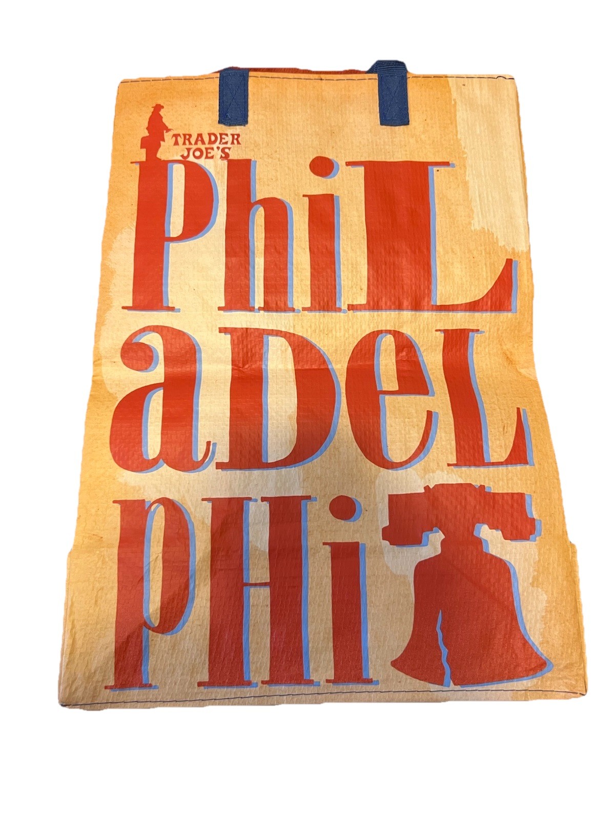 Trader Joe’s Reusable Philadelphia Shopping Bag Beige Red Blue All-Over Pattern