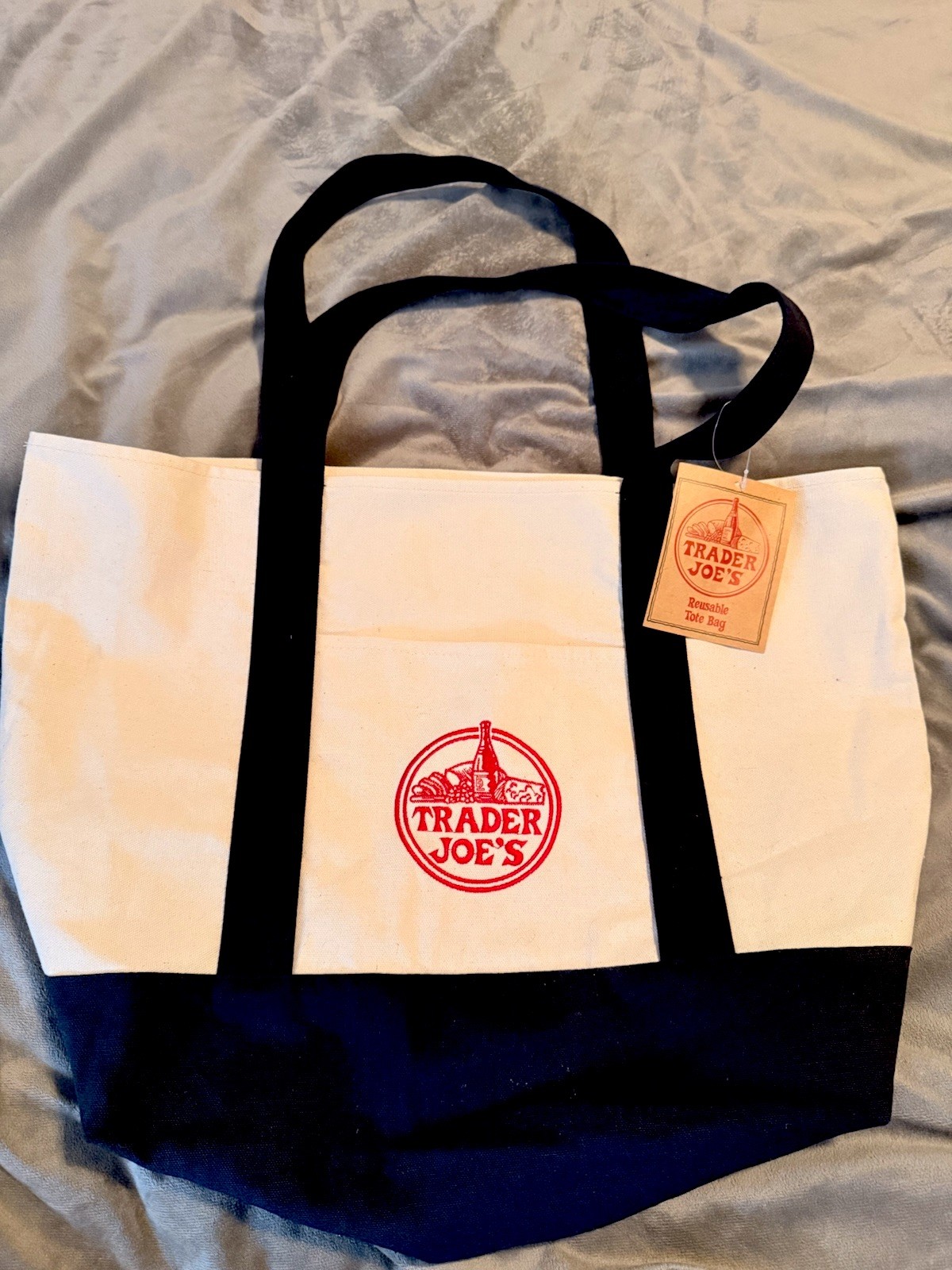 Trader Joe’s Canvas Reusable Tote Bag Foldable Beige Black Solid