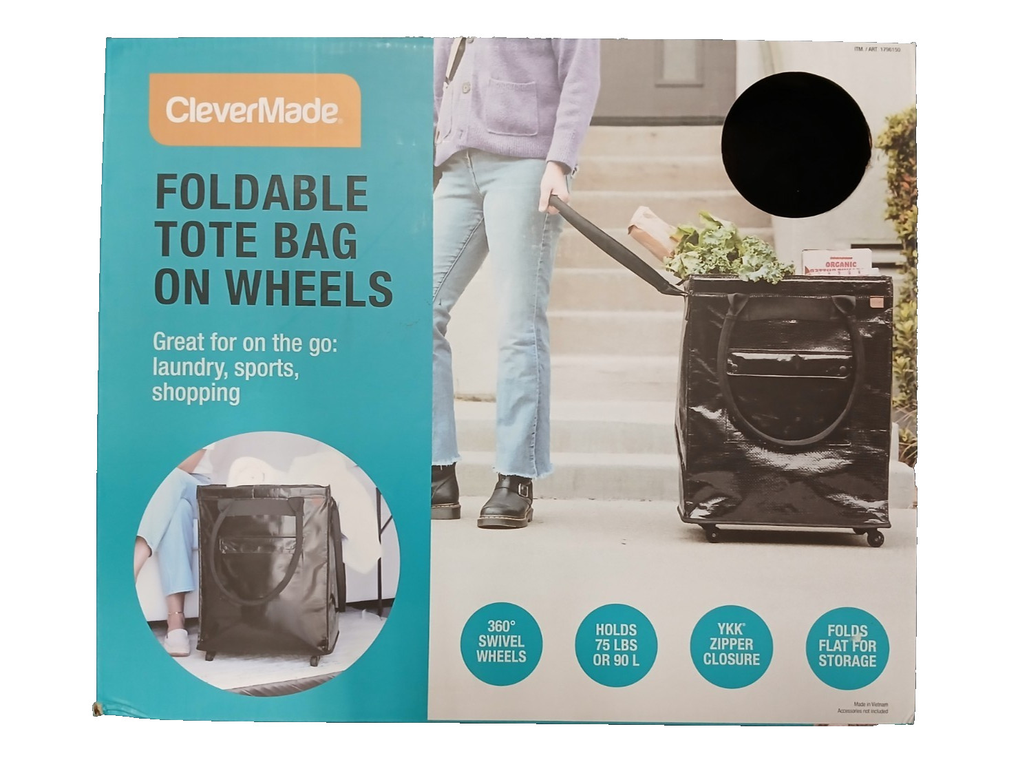 CleverMade Foldable Rolling Tote Bag Foldable Laundry Grocery Cart Wheels 90L