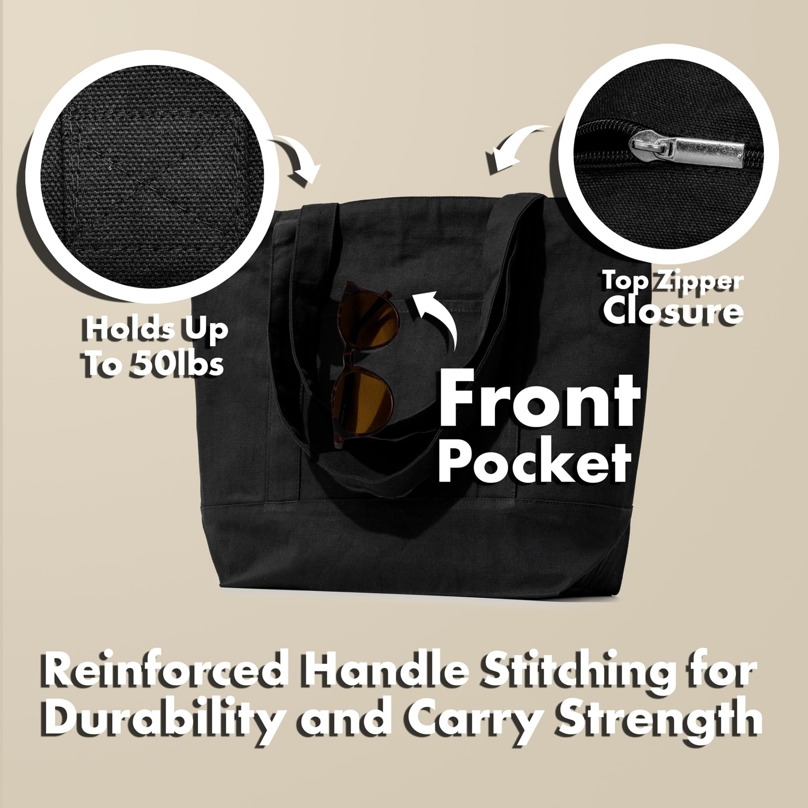 (Not Made In China) Black Canvas Tote Bags with Zipper, 6-Pack, Heavy Duty Or…