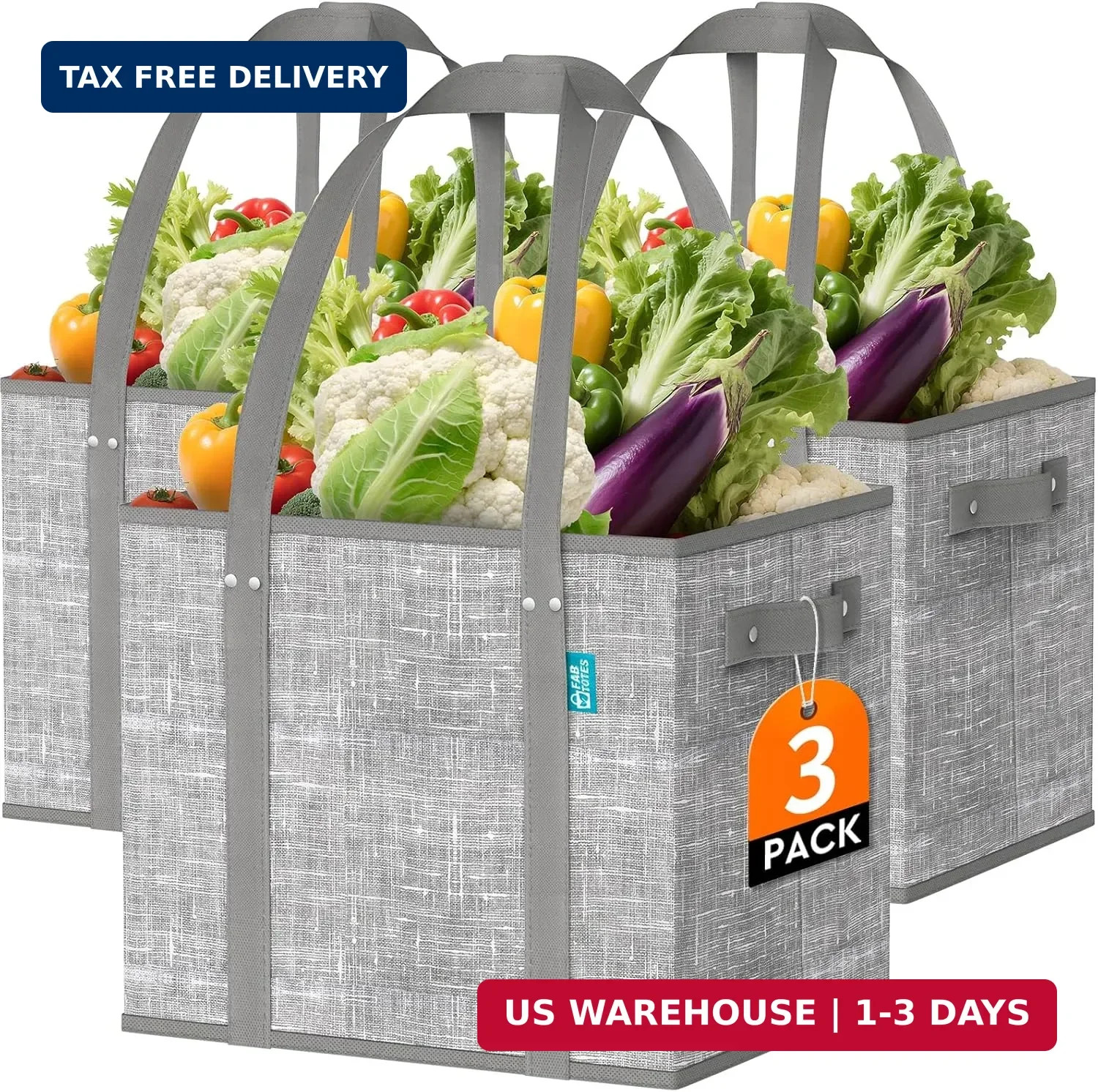 Reusable Grocery Bags 3 Pack Large Foldable Shopping Tote w/ Hard Bottom Grey