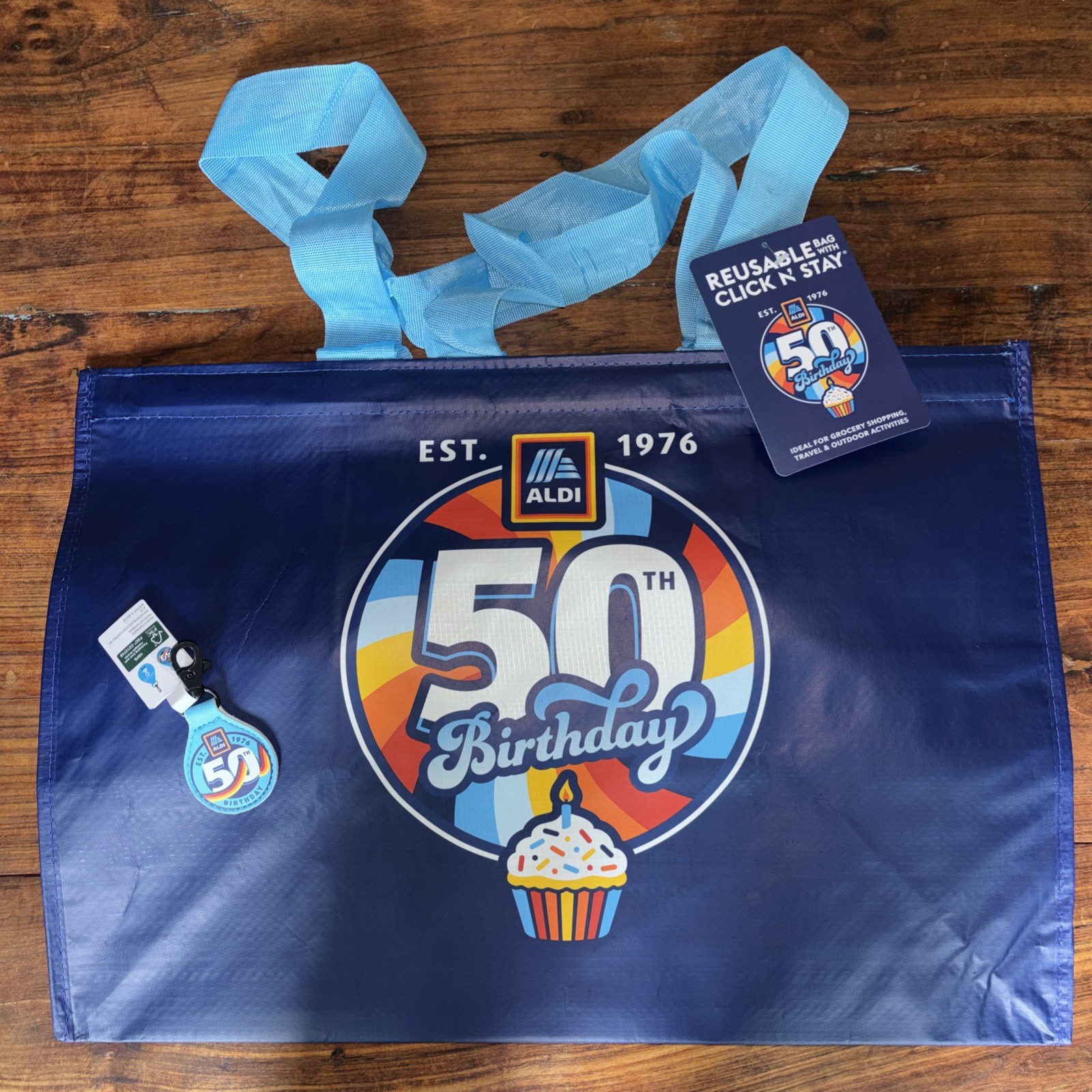 Set Of 2 2026 ALDI 50TH Click N’Stay Shopping Tote Bag Reusable & 1 Coin Holder