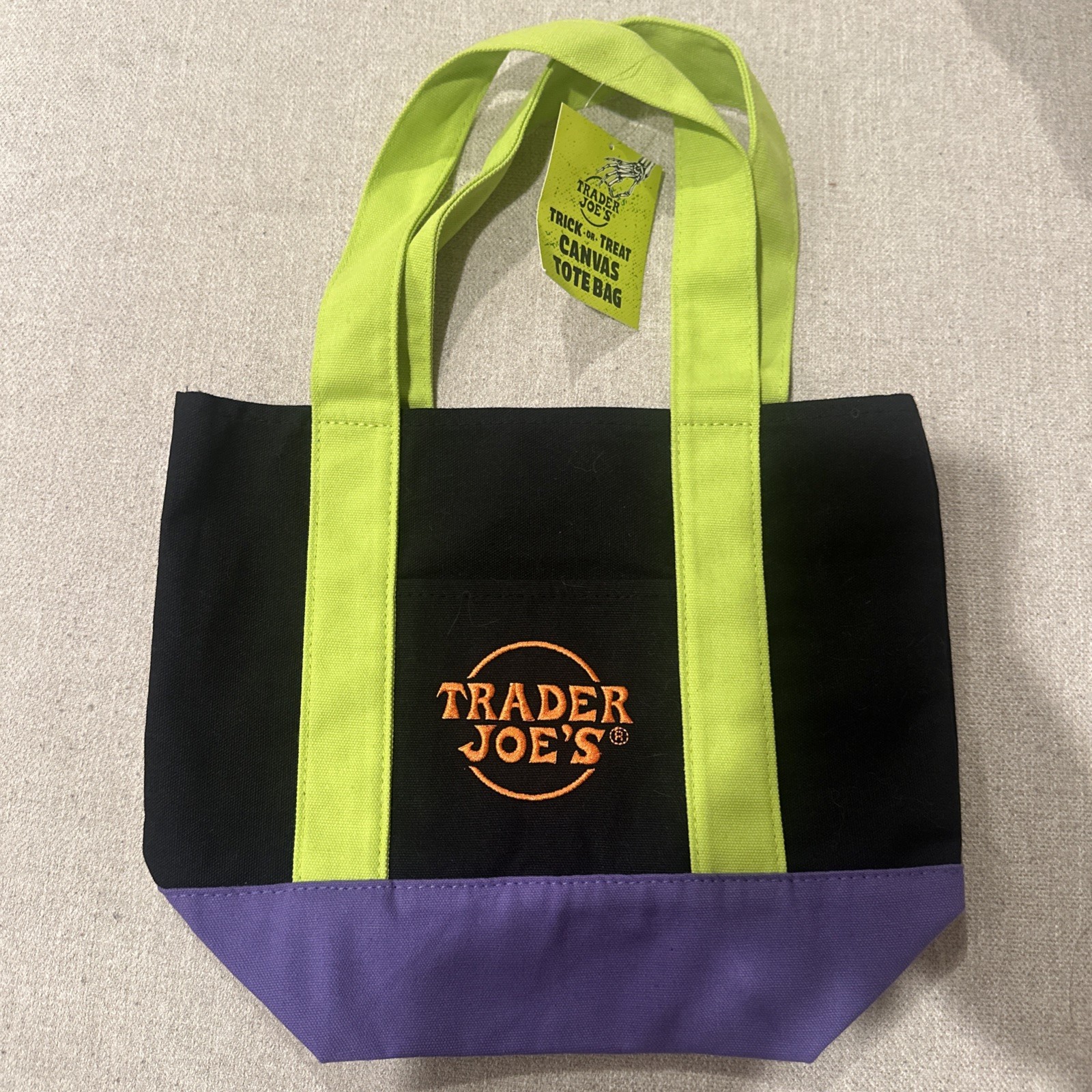 NEW Trader Joe’s Trick or Treat Canvas Halloween Tote Bag Green Black Purple