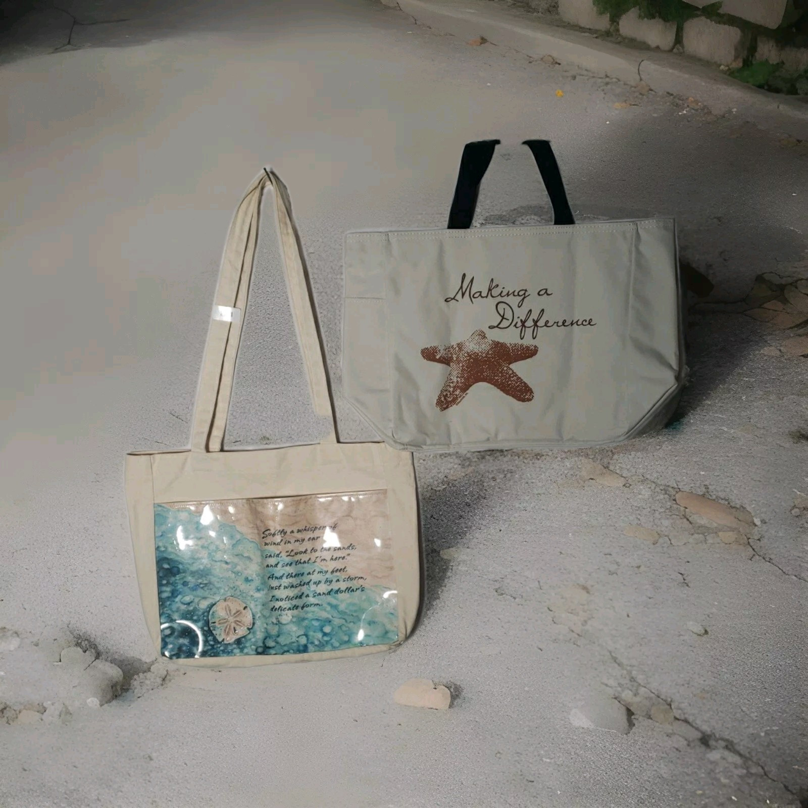 Reusable Tote Shopping Bags Lot Of Two Various Sizes Beige Double Handles