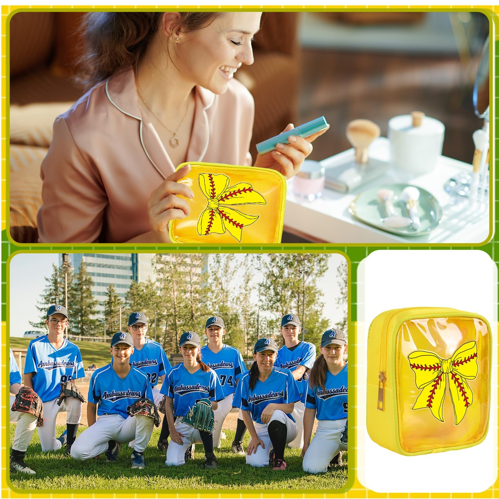 JarThenaAMCS 12Pcs Softball Bow Clear Makeup Bags Yellow Red