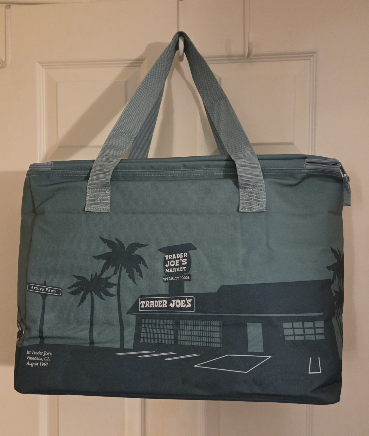 Trader Joe’s Large Green Black Reusable Shopping Bag Zipper Polyester