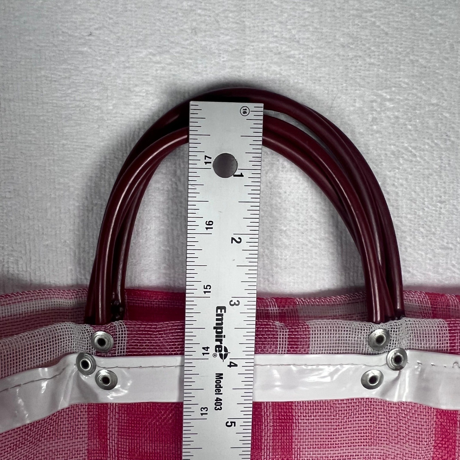 VTG 60’s Mesh Market Red Pink White Plaid Tote Beach Bag XL Mexico Top Handles