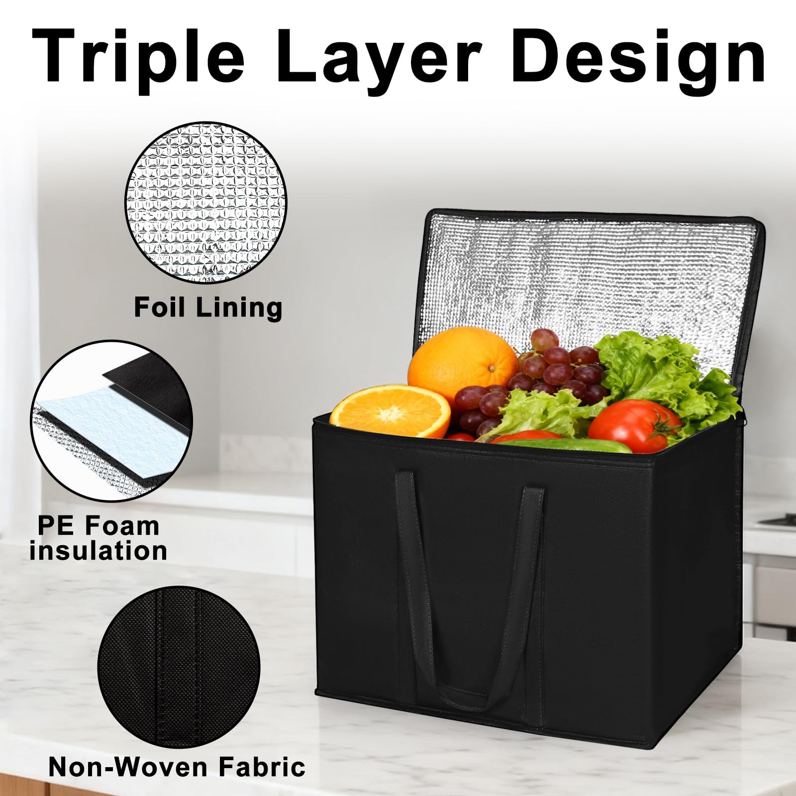 4 Pack Insulated Reusable Grocery Shopping Bags with zippered top,Food Delive…