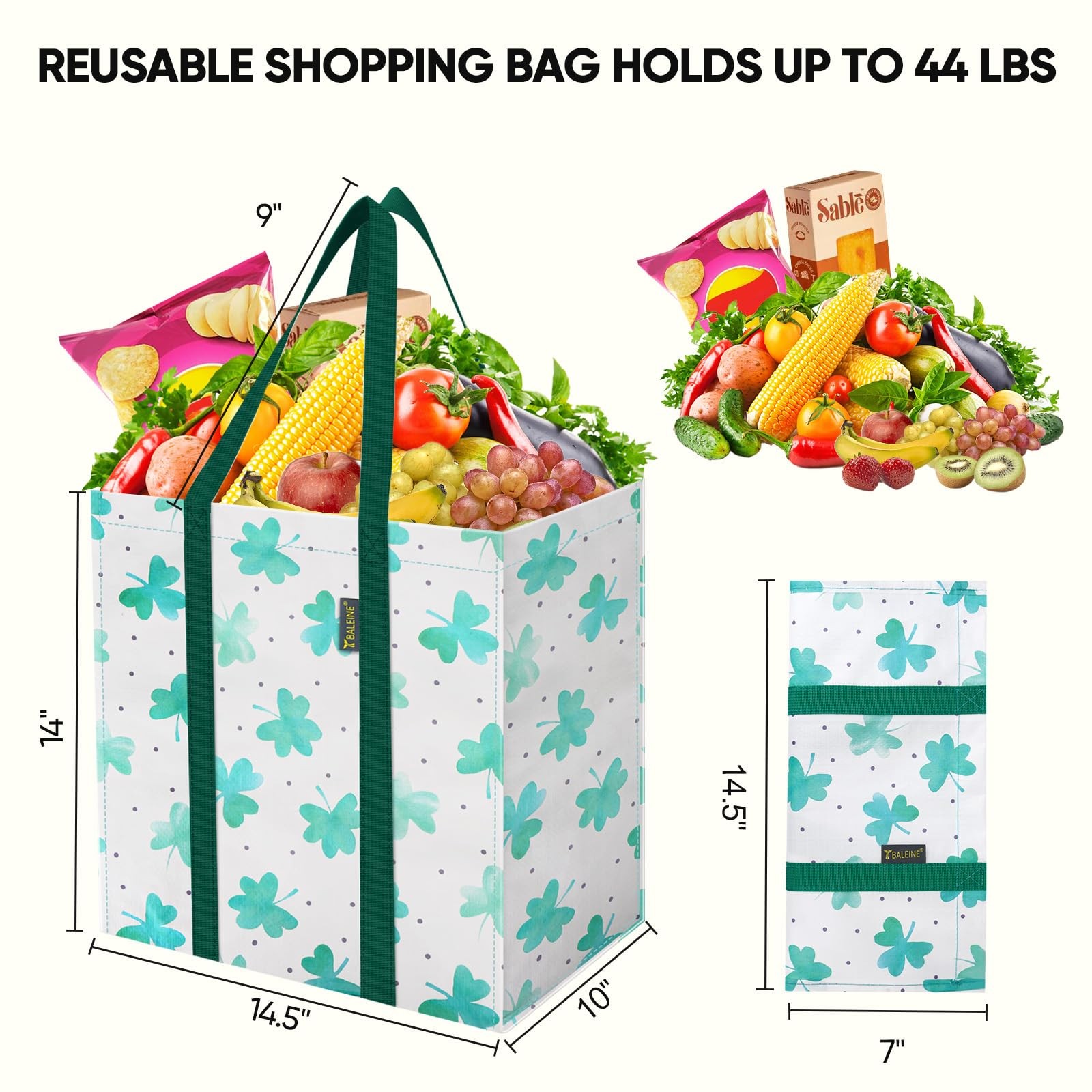 4 PK Grocery Bags Reusable Shopping Bags with Reinforced Bottom, Heavy Duty F…