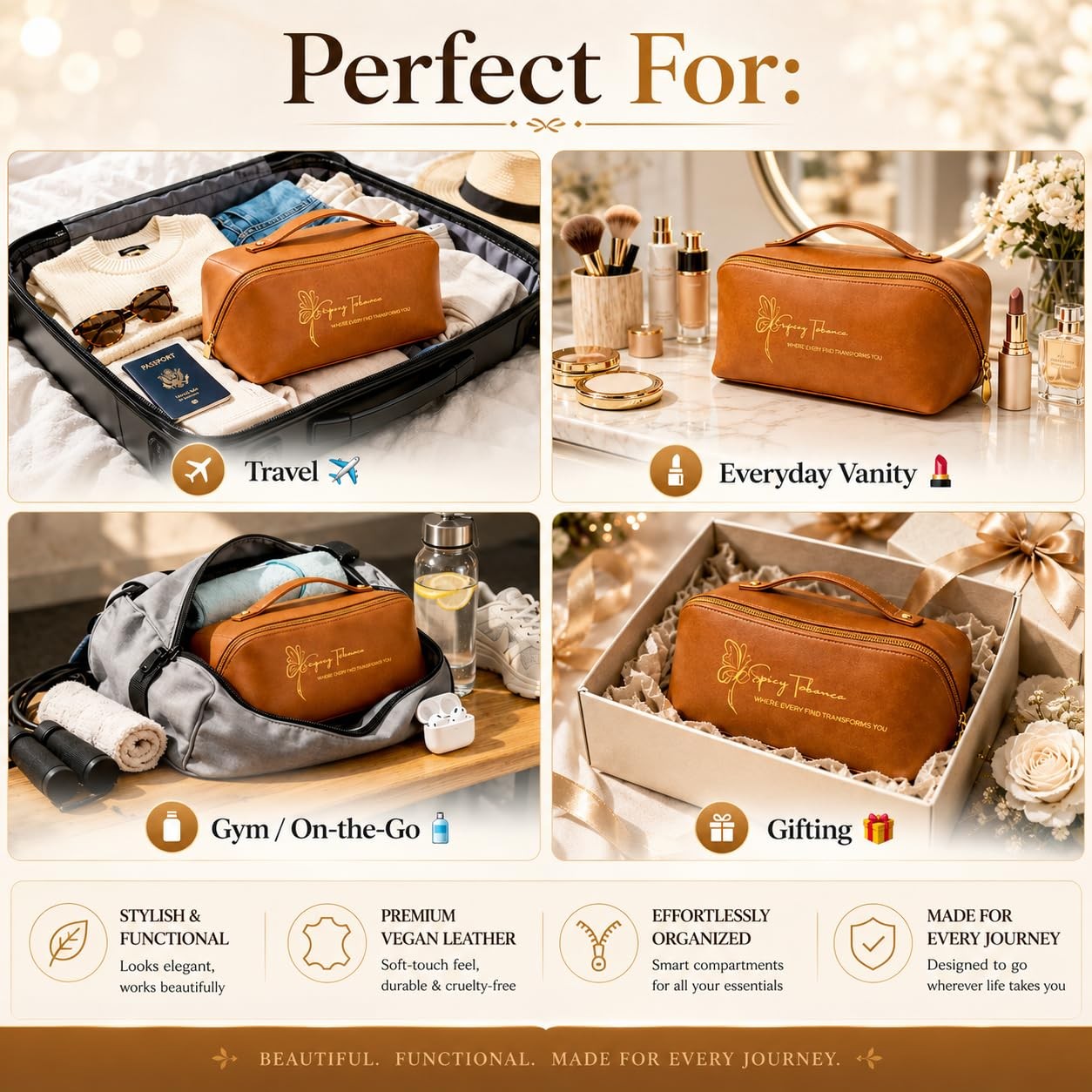 Spicy Tabanca Luxury Cosmetic Bag for Women – Vegan Leather Makeup Brown