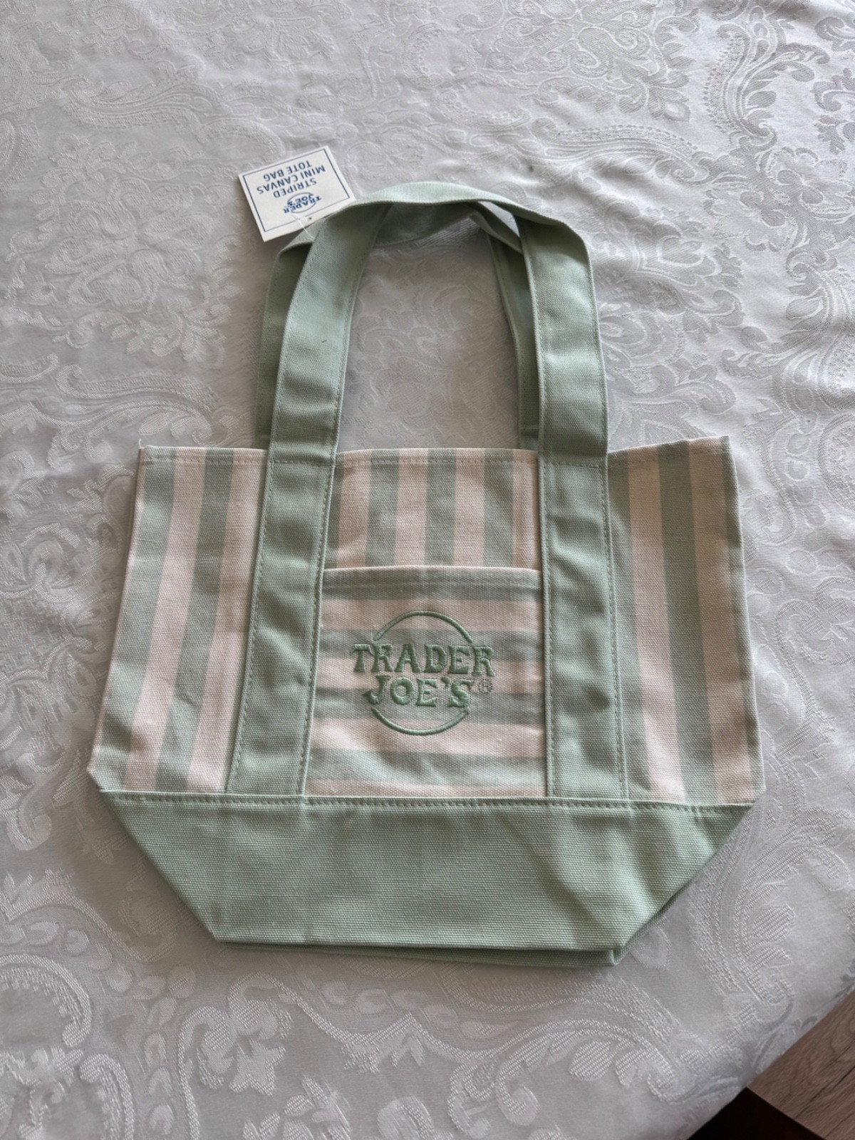 Trader Joe’s, Mini Canvas, Tote Bag, Set Of 2 Blue And Green Striped Summer 2026