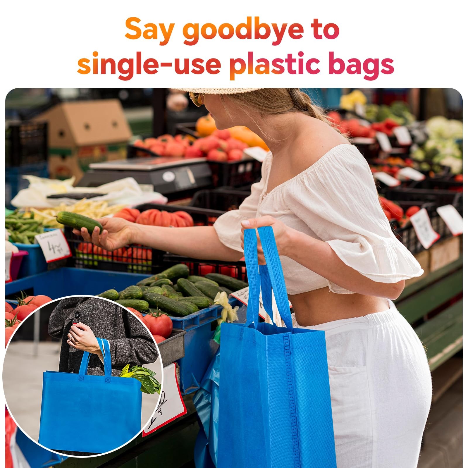 24 Pack Reusable Grocery Bags, Colorful Non-Woven Shopping Bags, Foldable Tot…
