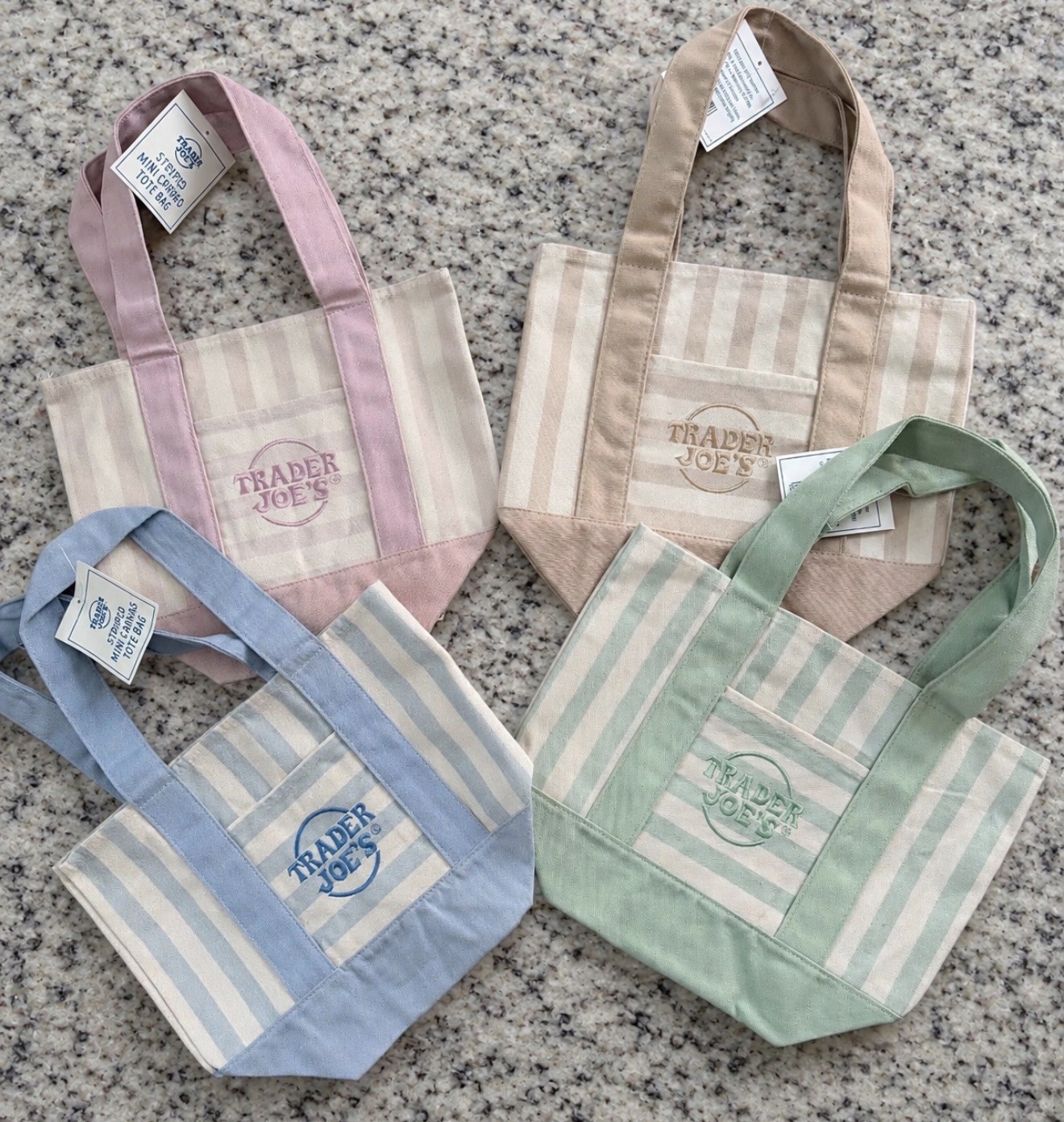 TRADER JOE’S MINI PASTEL STRIPE CANVAS TOTE BAGS SET Of 4 PINK BLUE GREEN BEIGE