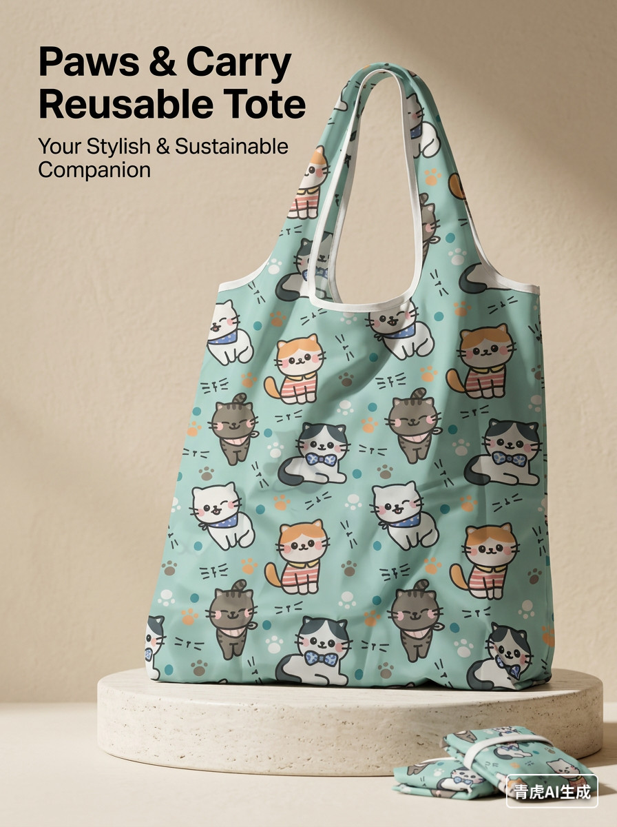 Cute Cat Print Reusable Shopping Bag | Foldable Eco Grocery Tote