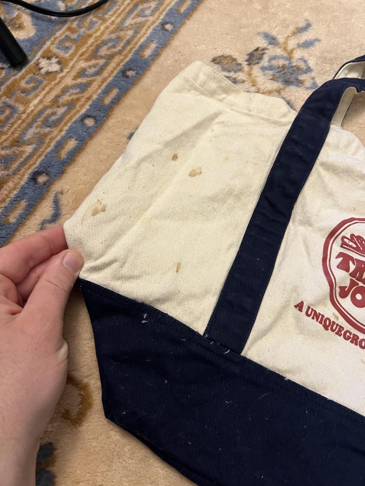 3 Trader Joe’s Canvas Tote Bag Retro Logo Double Sided Blue Unique Lot Vtg
