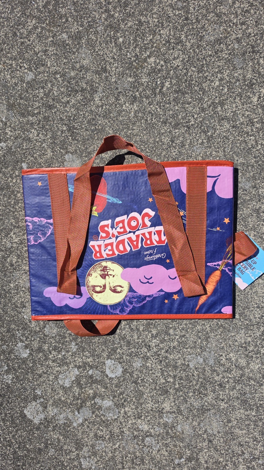 Trader Joe’s Reusable Tote Bag All-Over Print Blue Orange Purple 15x11x9