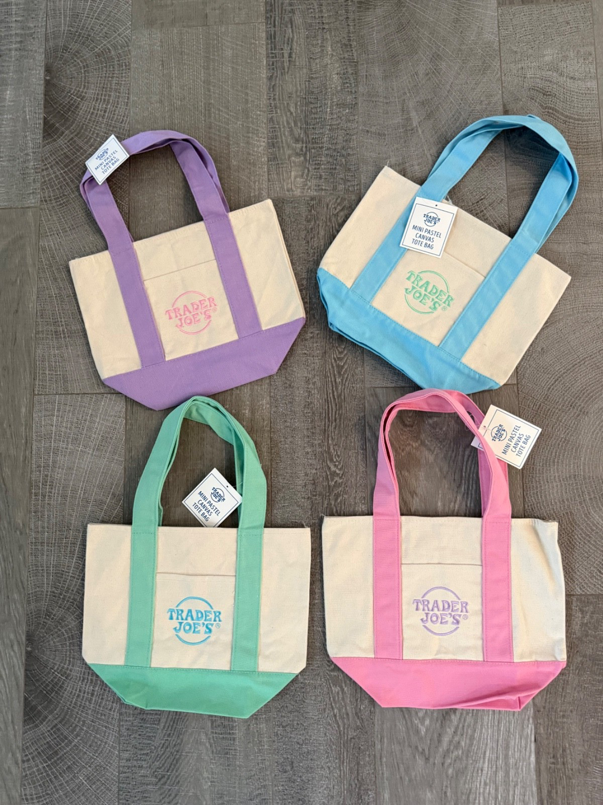 Trader Joe’s Mini Pastel Canvas Tote Bag Set Of 4 NWT Blue Green Pink Purple