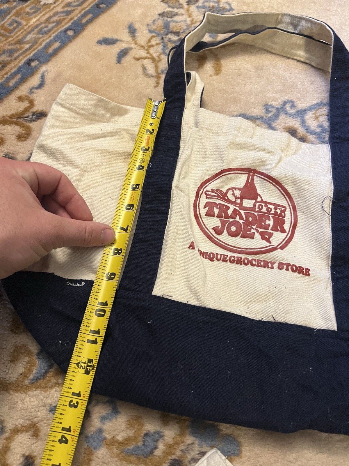 3 Trader Joe’s Canvas Tote Bag Retro Logo Double Sided Blue Unique Lot Vtg
