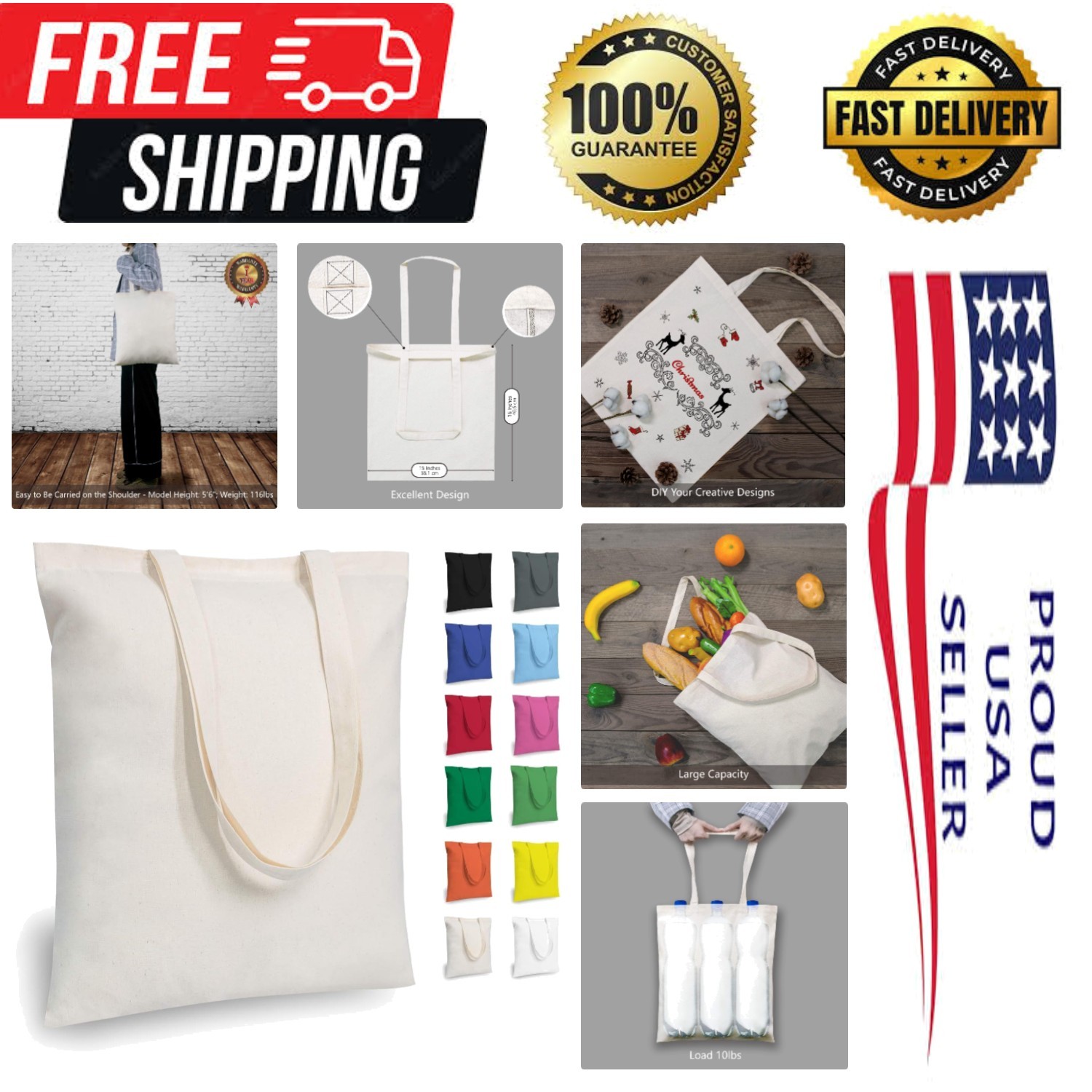 3 | 6 | 12 | 24 | 48 | 192 Pack Economical Cotton Tote Bags, Lightweight Medi…