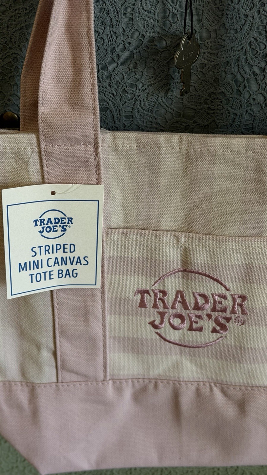 Trader Joe’s Striped Mini Canvas Tote Bag Pink/White 13x11x6 Cotton Blend