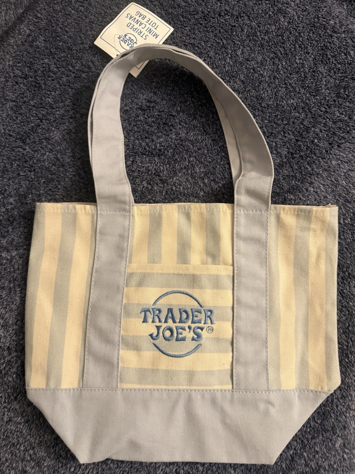“RARE” one of a kind Revered logo ! Trader Joe’s Striped Tote Bag – Blue canvas