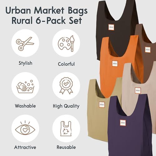 Reusable Shopping Bags, Set of Washable Grocery Totes in a Compact 6 Rural