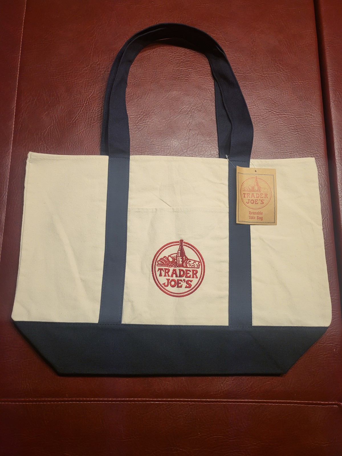 Trader Joe’s large canvas blue cream white reusable tote bag