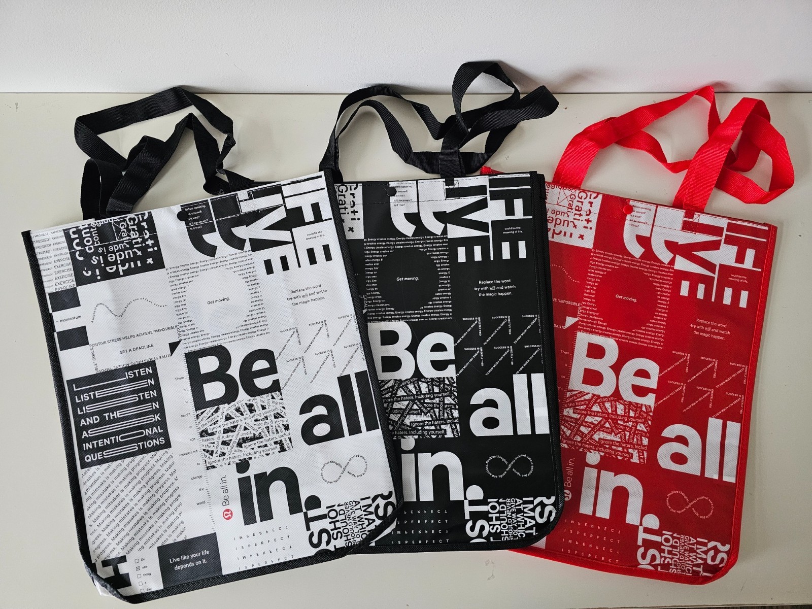 New LULULEMON White Black Red BE ALL IN Reusable Shopping Bag Large Pack of 3