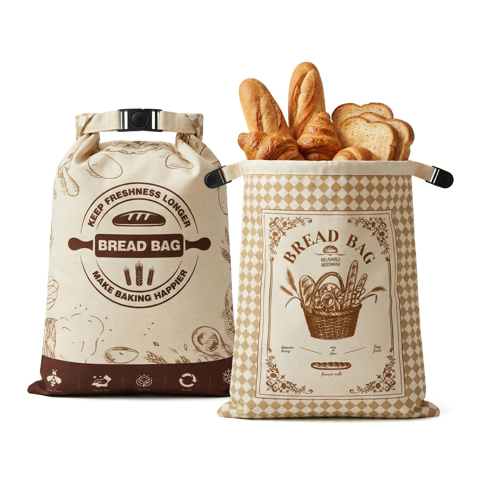 2 Pack Reusable Beeswax Bread Bags, 16×12 Inch Cotton Storage X-Large, Beige