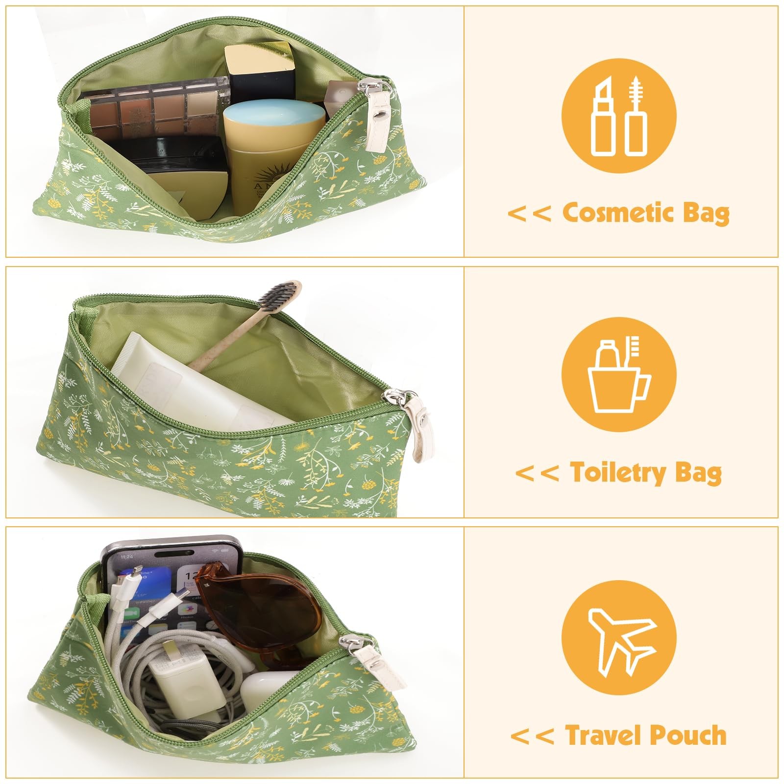 Pengxiaomei 2 Pcs Green Floral Makeup Bags, Small Zipper Cosmetic Bag