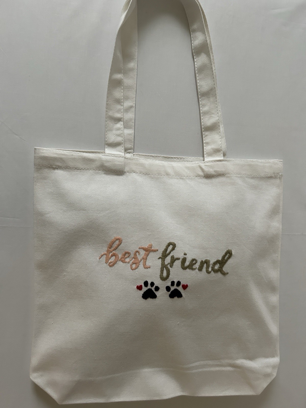 Hand Embroidered Best Friend Paw Print Ivory Tote Bag Cotton Canvas Gift