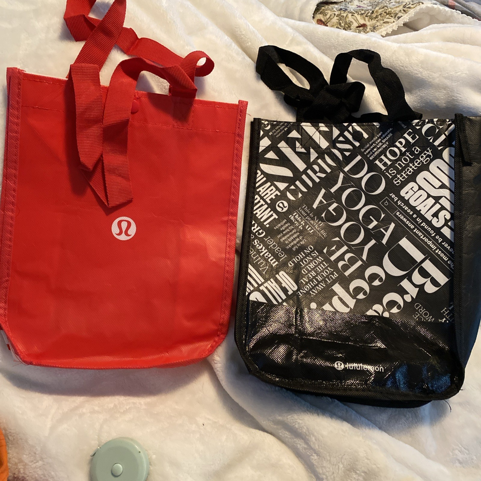 Lot of 2 Lululemon Small Shopping Bags Black/White Yoga Text 12″x9″