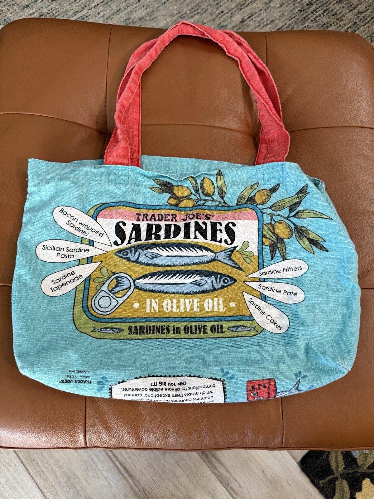 Trader Joe’s Sardines in Olive Oil Foldable Canvas Shopping Bag Pop Art Blue Red