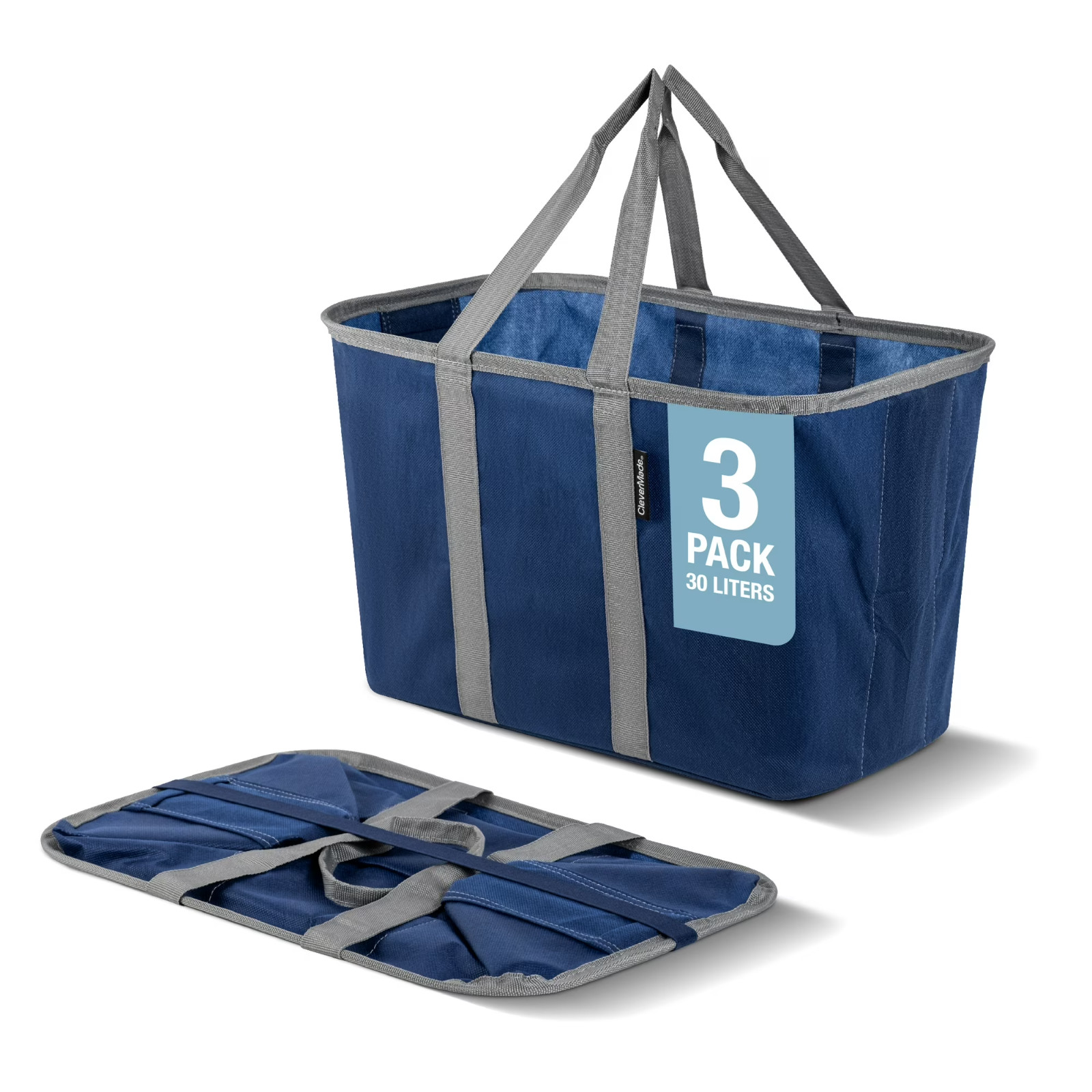 CleverMade Collapsible EcoBasket Tote – 30L – Blue/Gray (3 Pack)