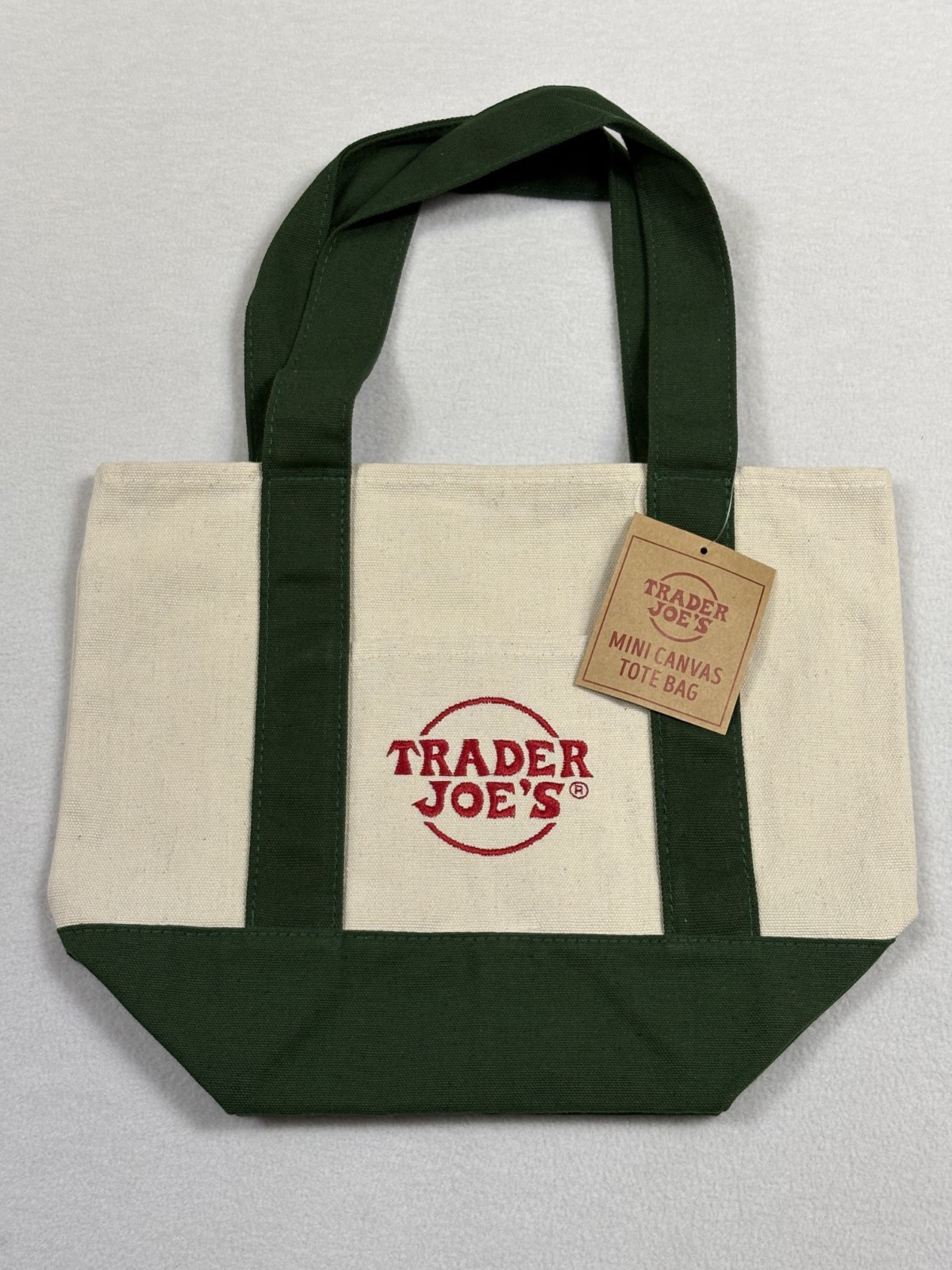 TRADER JOE’S MINI CANVAS TOTE BAG NEW WITH TAG NWT GREEN REUSABLE SHOPPING 10X13