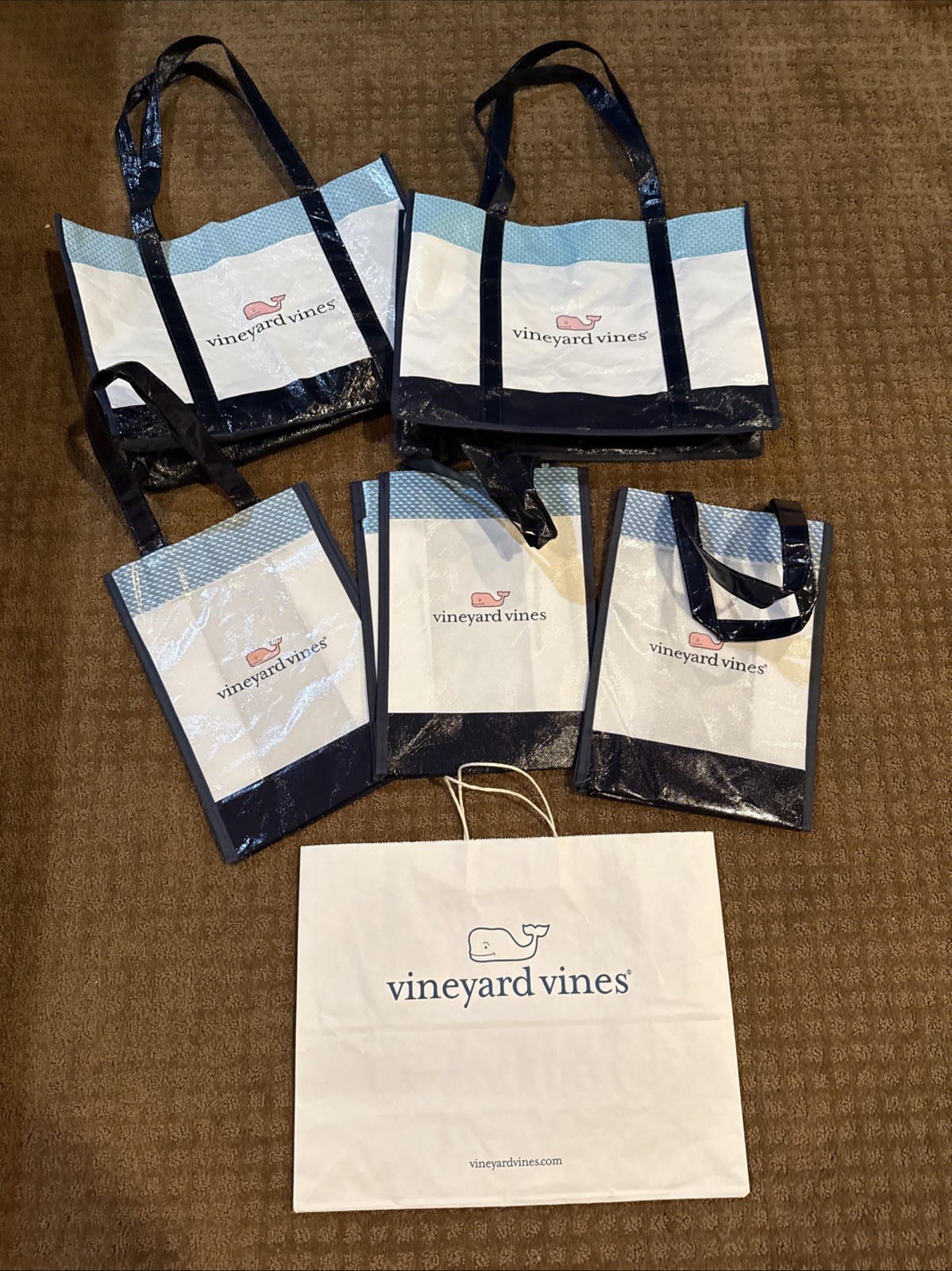 Lot Of 6 Vineyard Vines Reusable Shopping Tote Bags (3) 13 x 9 x 5″ + 15.5×11.5